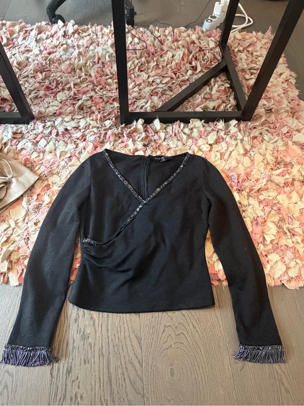 Black V-Neck Long-Sleeve Top with Fringe Trim